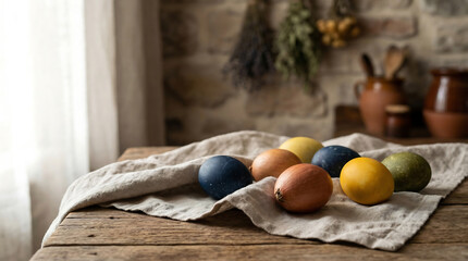 Rustic Colored Easter Eggs on Linen Cloth by Window