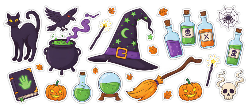 Halloween themed stickers featuring witches, potions, and spooky creatures for festive decorations