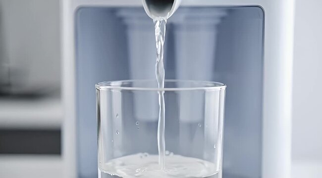A refreshing stream of purified water filling a transparent glass elegantly
