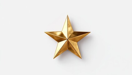 Fototapeta premium Gleaming golden five-pointed star on a stark white background, casting a soft shadow