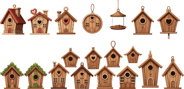 Wooden birdhouses and bird feeder collection with rustic garden nesting houses, decorative wooden bird homes flat vector illustration set