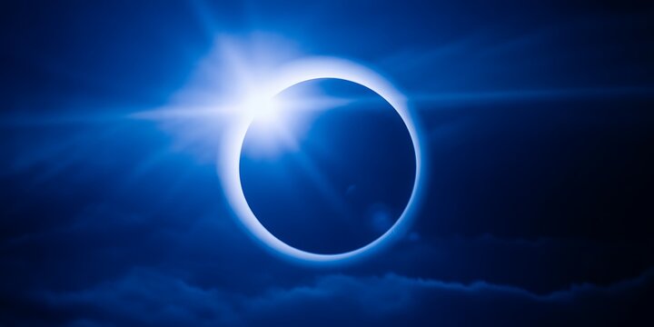 Blue Eclipse With Bright Sunburst And Cloudy Sky solar celestial