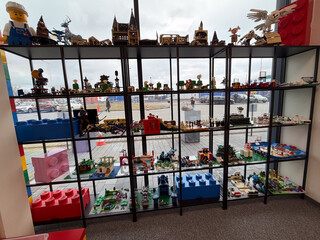 Fototapeta premium Lego builds displayed on shelving unit