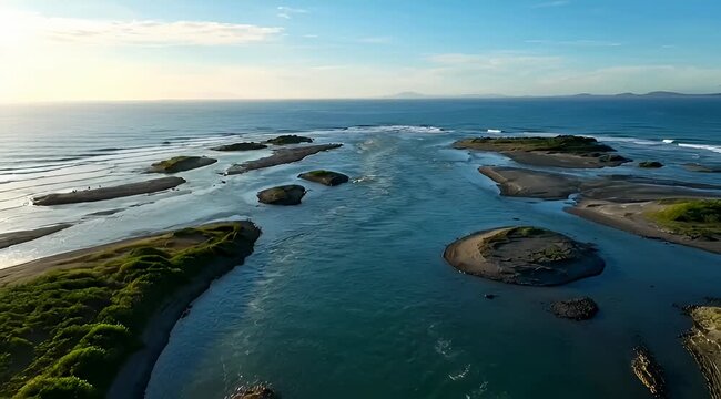 Scenic aerial view of a river flowing into the ocean with islands