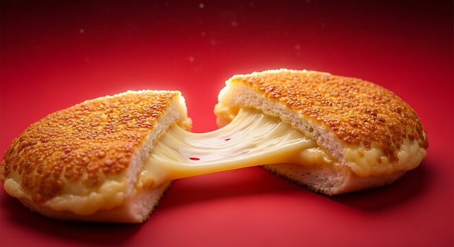 Melted cheese sandwich on red background gooey mozzarella string toasted bread halves