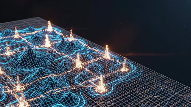 Abstract 3d topographical map terrain with glowing nodes.