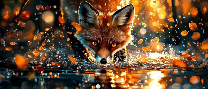 Enchanting Autumn Fox Digital Art Splashing in Shimmering Water