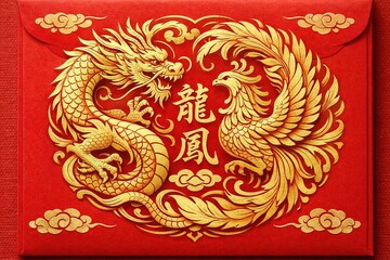 Obraz premium Golden Dragon and Phoenix on Red Envelope - Chinese Lunar New Year