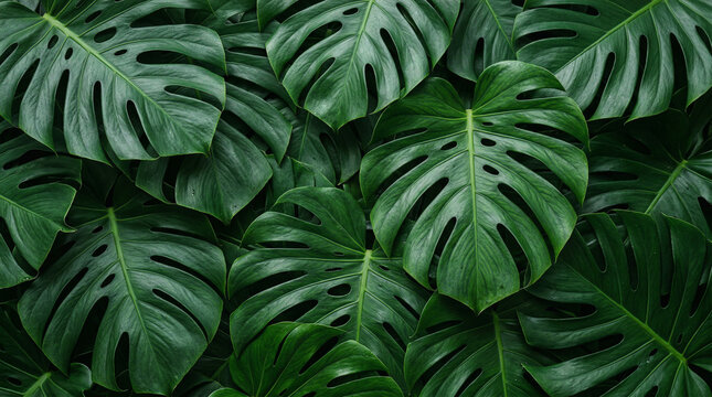Green monstera leaves cover the ground creating a lush, tropical setting in an indoor space filled with plants and nature elements