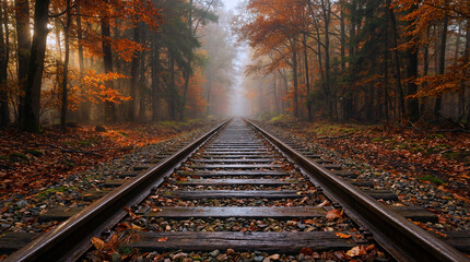 Fototapeta premium A serene railway track stretches through a vibrant autumnal forest with misty atmosphere