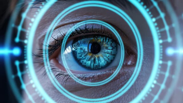 Close-up of human eye with futuristic blue digital interface