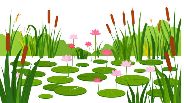Aquatic plant illustration, cartoon lily pads, blooming water flowers, green reeds, marsh vegetation, pond flora, flat design vector, lake