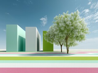 Obraz premium Abstract landscape featuring blooming trees juxtaposed against minimalist geometric architecture under blue sky