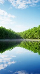 Fototapeta premium Peaceful morning view of still water surrounded by dense green forest under a wide blue sky. Reflection of the trees and clouds on the liquid surface, blue, outdoors, environment