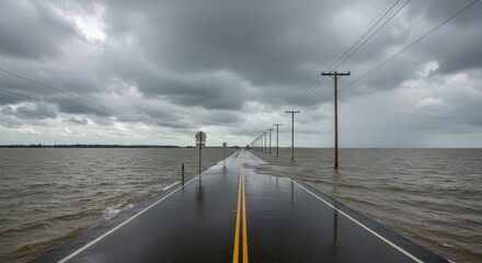 Fototapeta premium Storm surge waters completely inundating a submerged roadway, illustrating destructive hurricane flooding and extreme weather aftermath, disaster, submerged, crisis