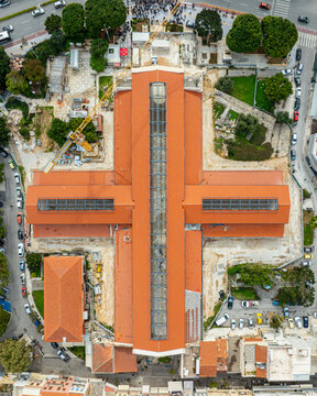 Aerial view of the imposing Etz Hayyim Synagogue with its red-tiled roof and cross-like structure, a testament to history and resilience, Chania, Chania, Greece.