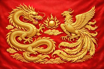Fototapeta premium Golden Dragon and Phoenix Embossed on a Vibrant Red Textured Backdrop
