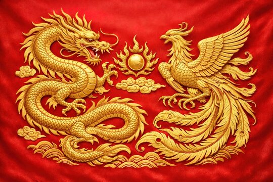 Golden Dragon and Phoenix Embossed on a Vibrant Red Textured Backdrop