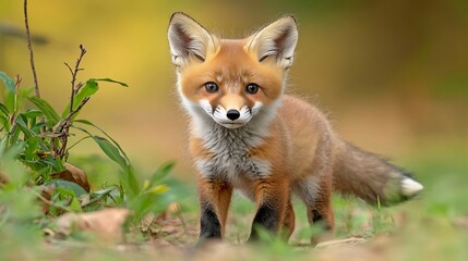 Fototapeta premium Curious Red Fox Kit Gazing at the Camera in Its Natural Forest Habitat, Charming Wildlife Portrait
