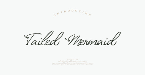 Obraz premium Tailed Mermaid, Elegant Script font alphabet uppercase lowercase and number. Classic lettering minimal fashion designs. Typography modern serif fonts regular decorative vintage concept.