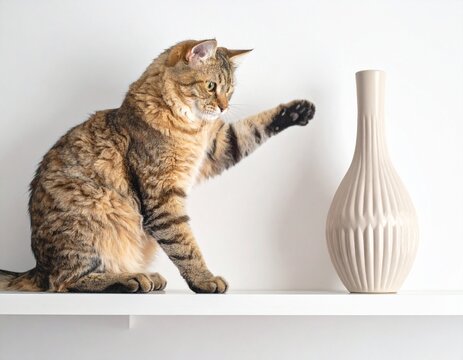 Schelmische Katze ist dabei, eine teuere Vase vom Regal umzuschmei&szlig;en.