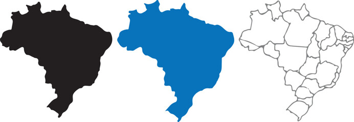 Brazil Map Vector Set: Detailed Outline with Administrative Borders and Solid Silhouette Icons in Black and Blue Colors
