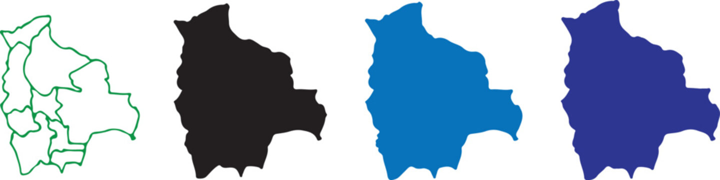 Set of Bolivia Map Silhouettes in Multiple Styles: Detailed Regional Outlines, Solid Black, Light Blue, and Dark Navy Blue Vector Icons Isolated on White Background