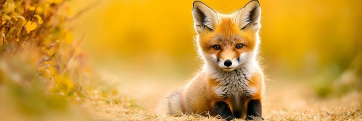 Fototapeta premium Charming Young Fox Cub Resting Calmly in the Tranquil Autumn Outdoors, Exuding Innocent Warmth