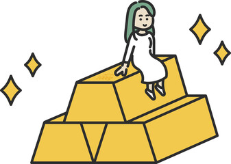 金の延べ棒に座る女性のイラスト