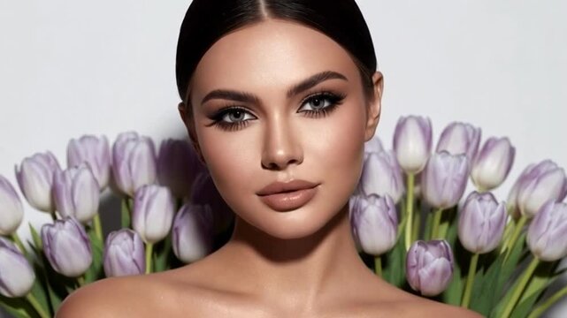 Stylish video of a young female model with flawless makeup against a backdrop of blooming tulips, ideal for advertising, March 8th greetings, Mother's Day, or spring holiday content.