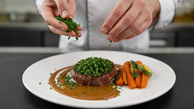 Chef expertly garnishing a beautifully plated steak with fresh chives and vegetables