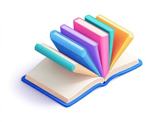Cartoon image of an open book with multi-colored pages fanning outwards, angled