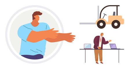 Fototapeta premium Workplace collaboration, logistics, business strategies, office teamwork, employee roles, supply chain efficiency. A man gestures, a forklift an individual presenting at a desk. Logistics