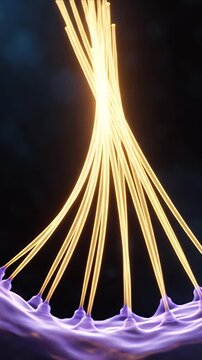 Detailed CGI Animation Depicting Auditory Hair Cell Stereocilia Deflection in Vibrant Yellow and Purple Hues with a Soft Dark Bokeh Background and Subtle Lighting