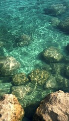 Obraz premium Stunning Underwater Paradise with Crystal Teal Water, Scenic Rocks, and Colorful Marine Life