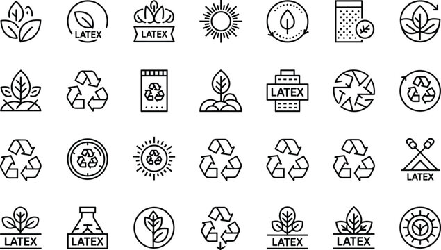 Eco latex product and recycling line icon set, sustainable natural rubber symbols collection, vector illustration