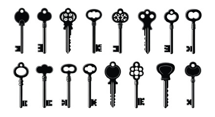 Vintage keys collection in various designs and shapes