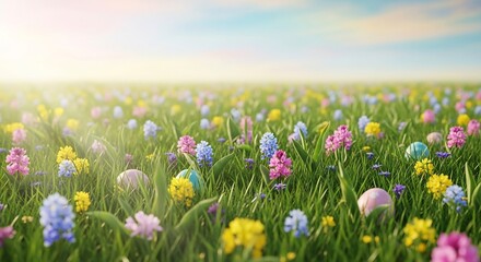 Obraz premium Vibrant meadow filled with colorful wildflowers and scattered Easter eggs, bathed in warm sunlight, creating a serene and picturesque springtime landscape