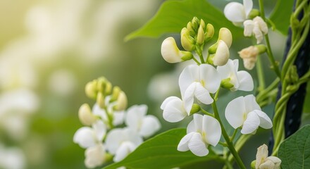 Obraz premium Delicate white runner bean flowers blooming profusely on a climbing vine in a lush, vibrant summer vegetable garden setting under warm daylight, fragile, garden, botany