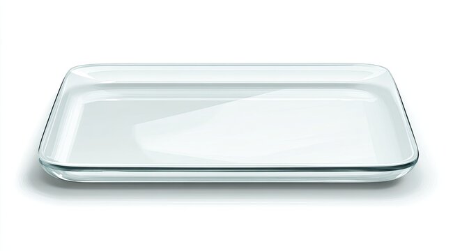 Rectangular, transparent, empty dish with rounded corners on white background, slightly angled