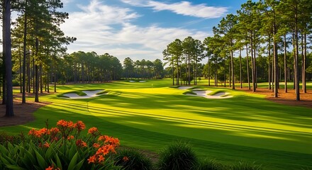 Obraz premium Golf course fairway bathed in golden sunlight, surrounded by tall trees and flower bed