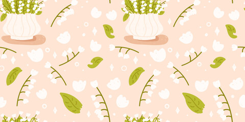 Materiał do szycia Beautiful spring flowers seamless pattern with lily of the valley bouquet in a vase, flowers and leaves. Floral vector seamless pattern for repeating background, spring holidays wrapping paper etc