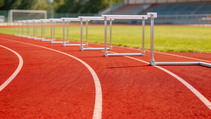 Hurdles on Red Running Track in Stadium