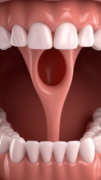 Detailed CGI Visualization of Human Uvula Location Midline Structure in Oral Cavity with Realistic Teeth and Pink Tissues Dark Medical Background Educational Healthcare Presentation