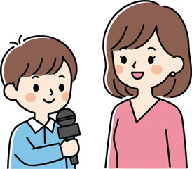 Obraz premium Child interviewing woman with microphone vector illustration kid reporter asking questions conversation communication journalism concept