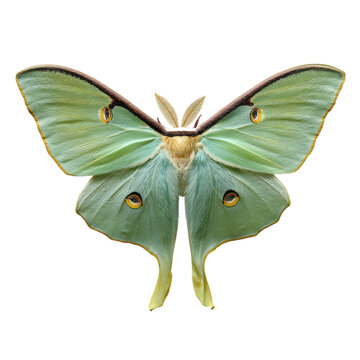 Green luna moth illustration, large silk moth with eye spots and long tails, delicate winged insect graphic for nature design isolated PNG with Transparent Background