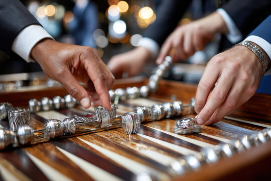 Hands strategizing moves on a backgammon board in a lively gathering