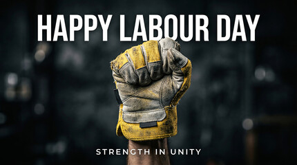 Gritty yellow work glove held in a raised fist symbolizing solidarity and hard labor achievement for happy labour day greetings