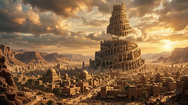 Ancient Tower of Babel in Desert City at Sunset