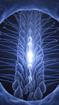 Detailed CGI visualization of retinal phototransduction process in rod cells showing light signal transmission in deep blue tones against a dark abstract background for medical education